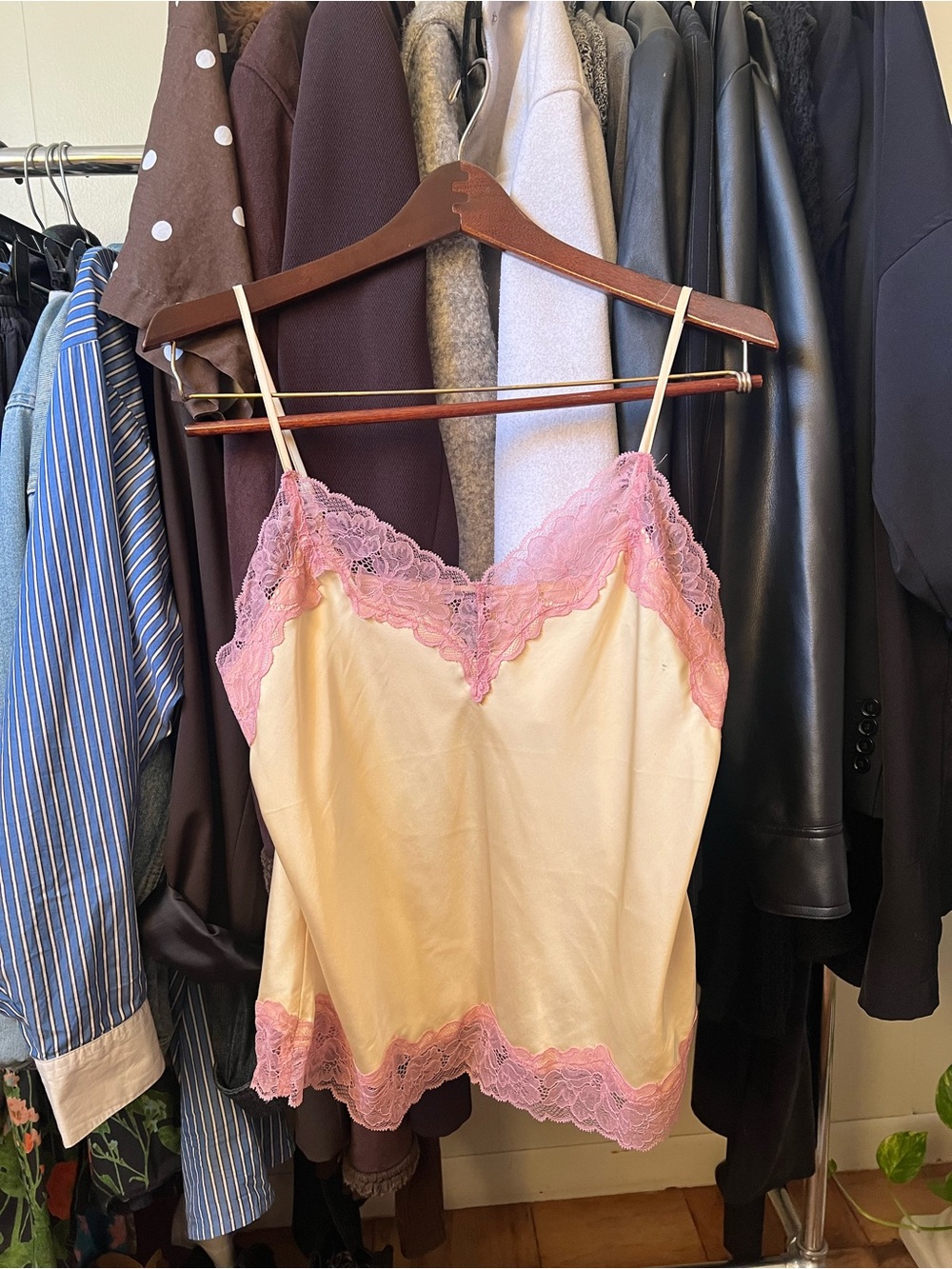 Express Satin Cami with Pink Lace Trim